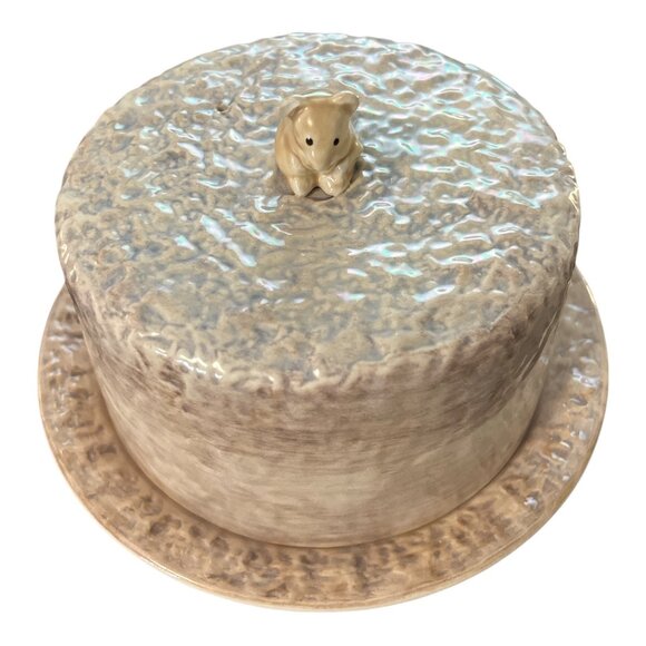 VTG Sylva Ceramics England Covered Cheese Dish with Mouse HandleIridescent Gl